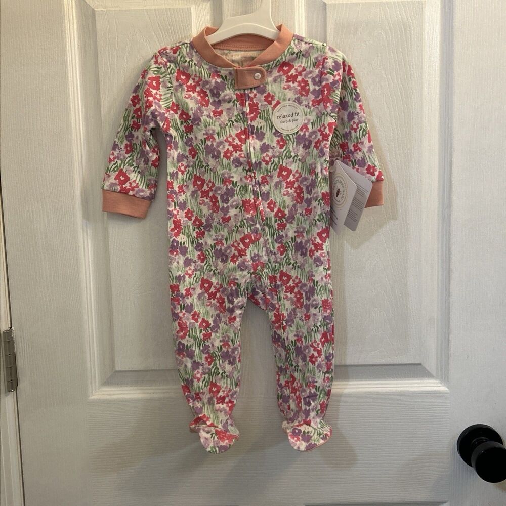 NWT Burt’s Bees Baby Organic Cotton Footed Pajamas White Pink Purple 3-6M